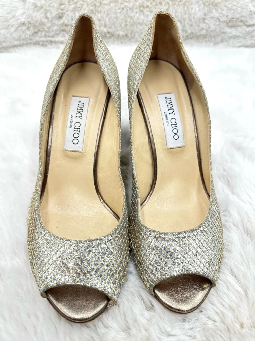 Jimmy Choo Isabel Champagne Glitter Peep Toe Pumps 40.5 US 10.5 Gold Heels